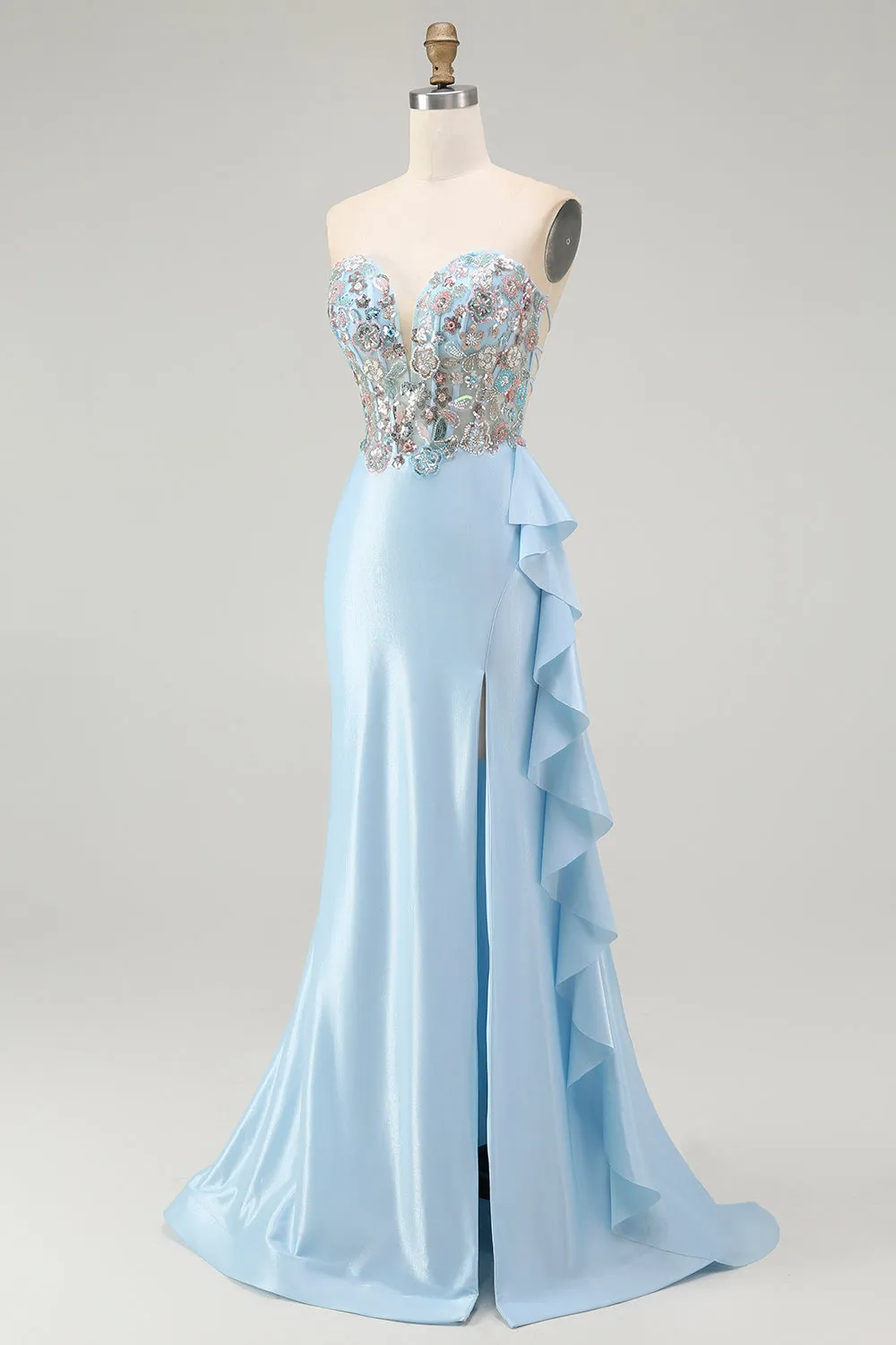Sparkly Light Blue Strapless Corset Mermaid Beaded Long Prom Dress with Slit sold by Zapaka product image thumbnail 3