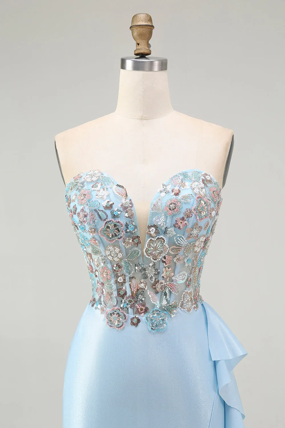Sparkly Light Blue Strapless Corset Mermaid Beaded Long Prom Dress with Slit sold by Zapaka product image thumbnail 4