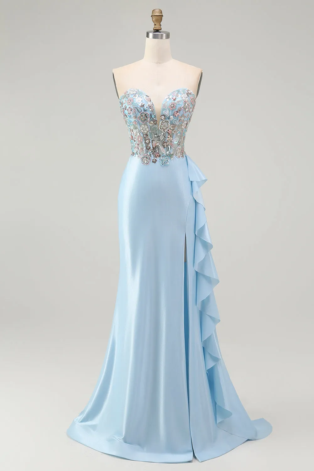 Sparkly Light Blue Strapless Corset Mermaid Beaded Long Prom Dress with Slit sold by Zapaka