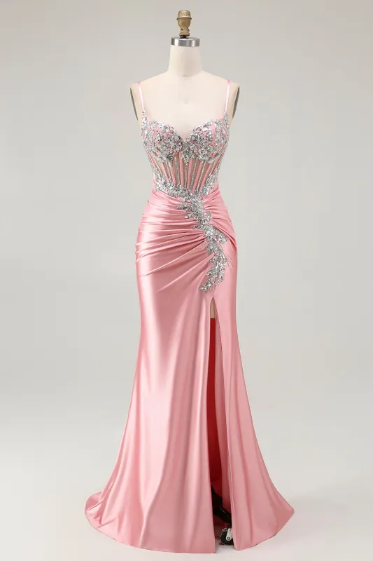 Blush Mermaid Corset Sequin Long Prom Dress with Ruffled Slit sold by Zapaka