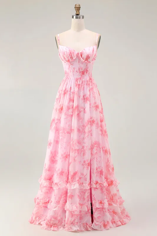 Pink Floral Corset A Line Spaghetti Straps Maxi Dress with Slit sold by Zapaka