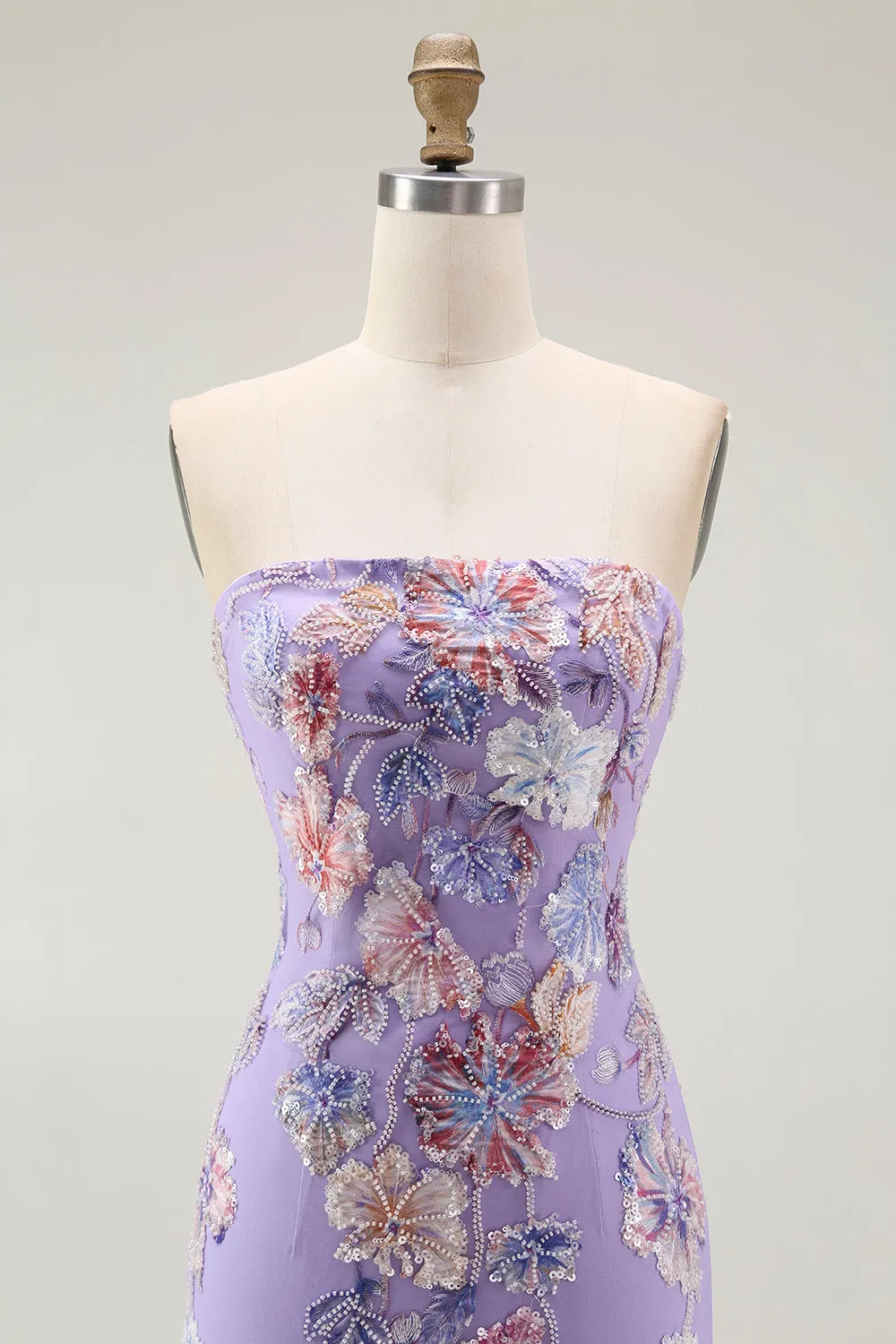 Strapless Purple Floral Sheath Prom Dress with Beading sold by Zapaka product image thumbnail 4