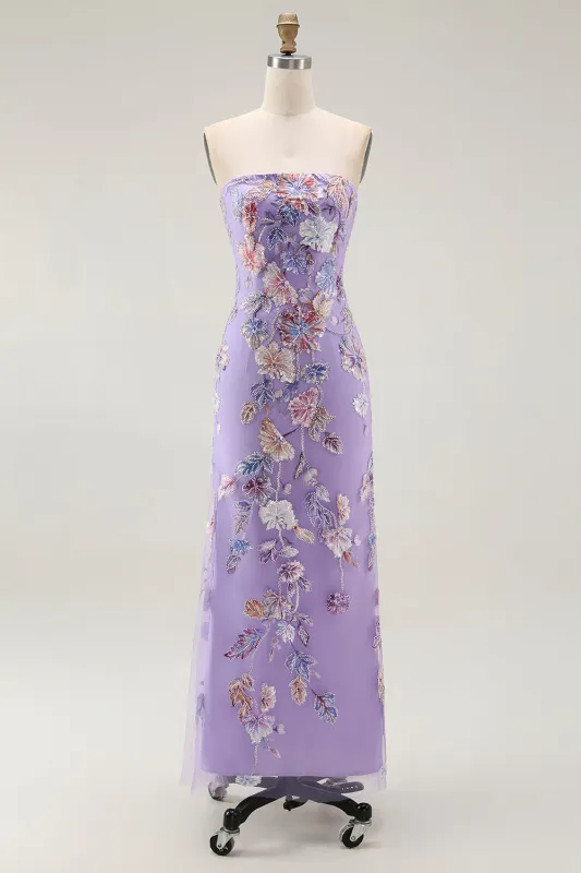 Strapless Purple Floral Sheath Prom Dress with Beading sold by Zapaka