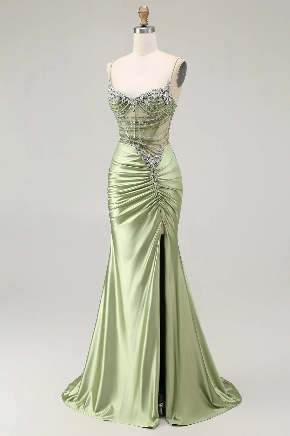Green Mermaid Corset Ruched Satin Prom Dress with Slit sold by Zapaka product image thumbnail 3