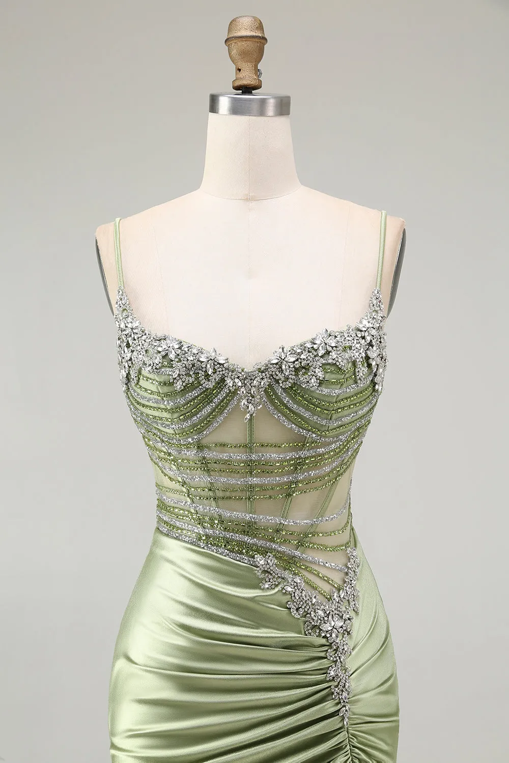 Green Mermaid Corset Ruched Satin Prom Dress with Slit sold by Zapaka product image thumbnail 4