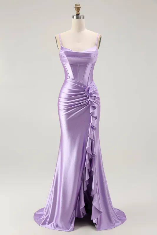 Purple Mermaid Corset Ruched Long Prom Dress with Ruffled Slit made by Zapaka