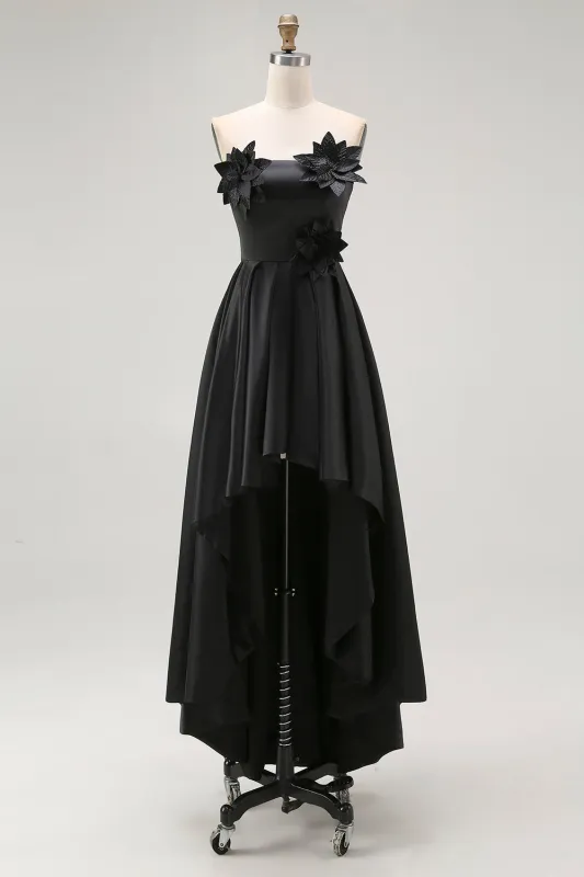 Sparkly Black Strapless A-Line High-Low Ruffle Formal Dress With 3D Flowers sold by Zapaka