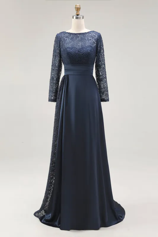 Navy A-Line Scoop Lace Mother of the Bride Dress With Long Sleeves sold by Zapaka