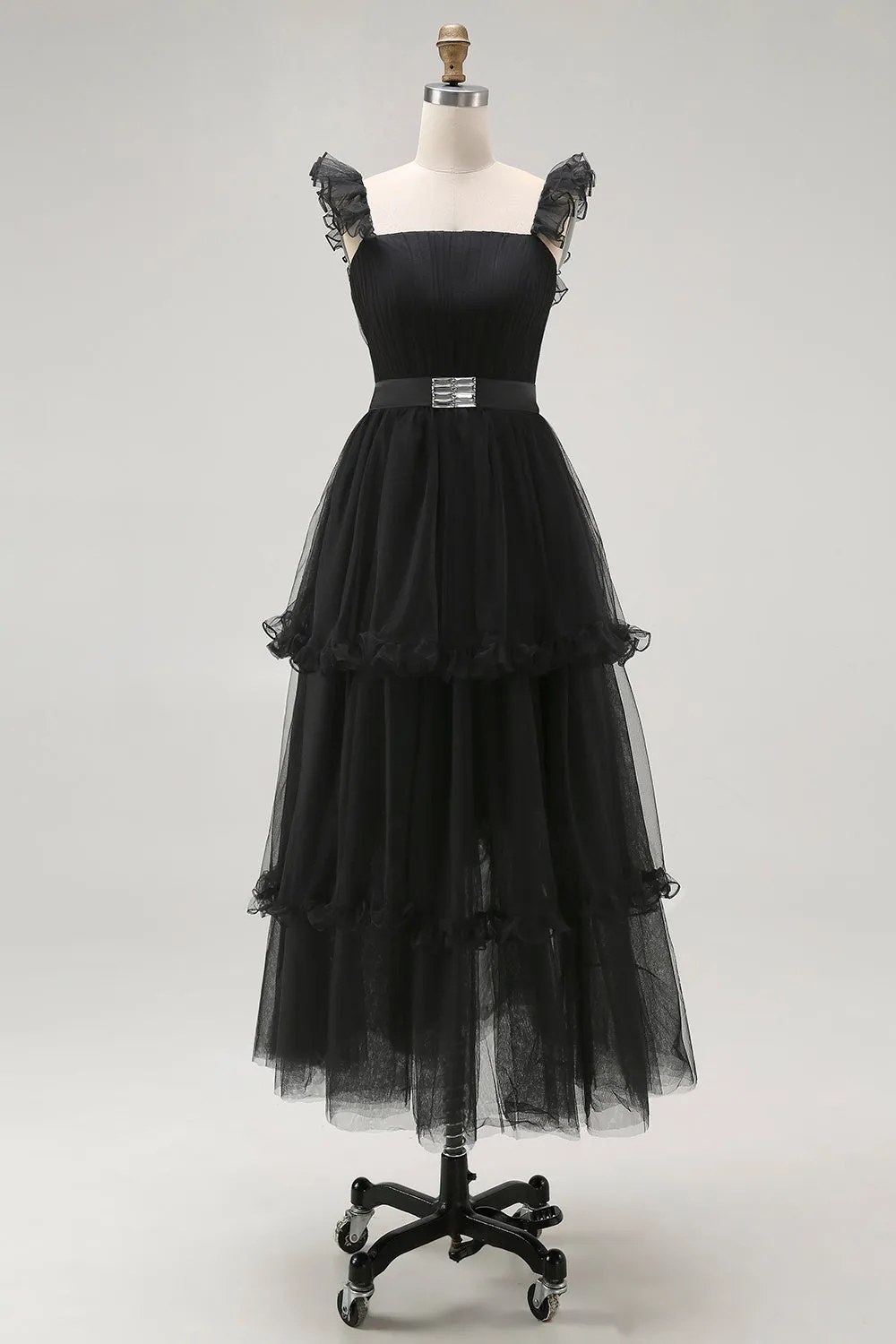 Black A Line Spaghetti Straps Tulle Formal Dress With Belt sold by Zapaka