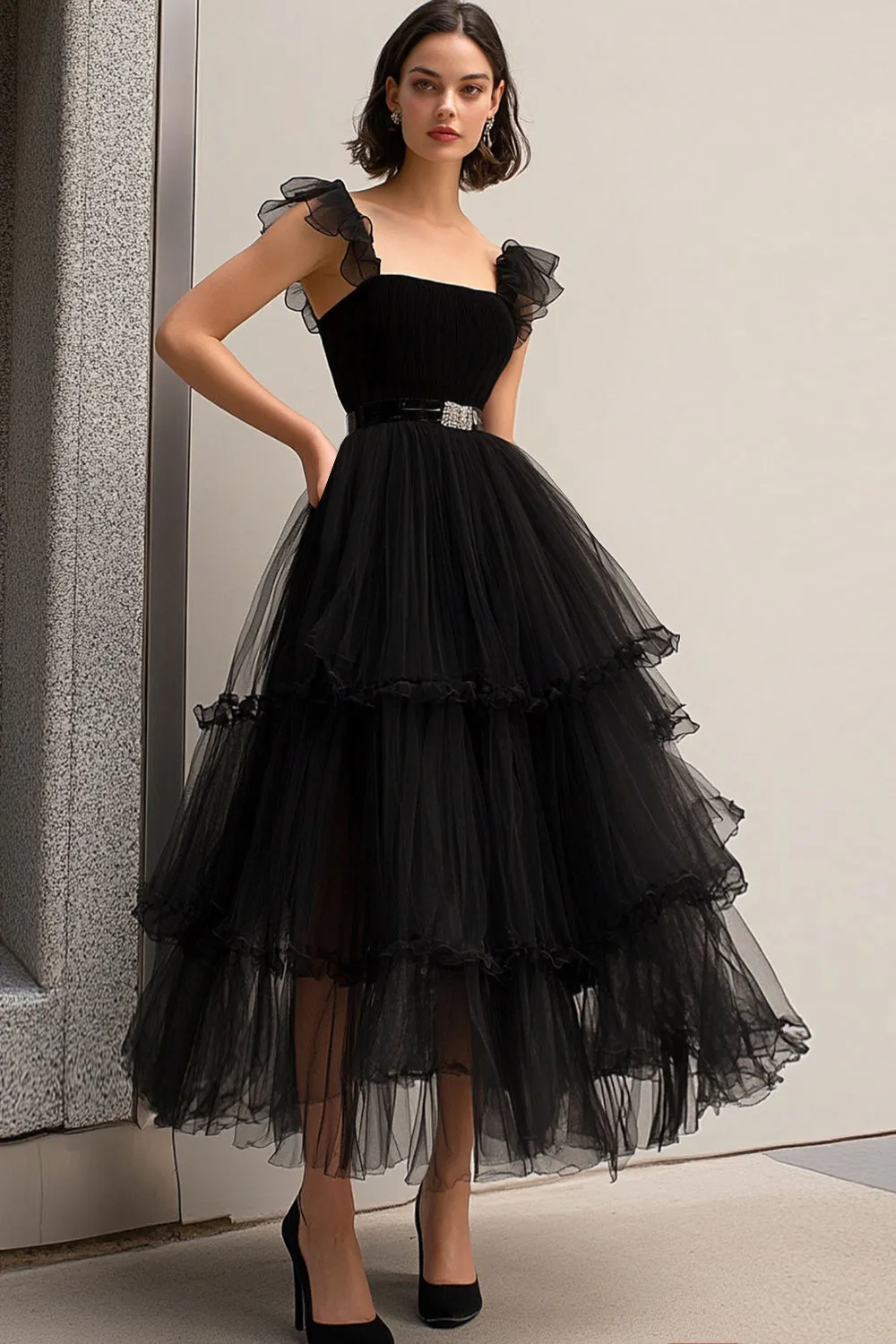 Black A Line Spaghetti Straps Tulle Formal Dress With Belt sold by Zapaka product image thumbnail 3
