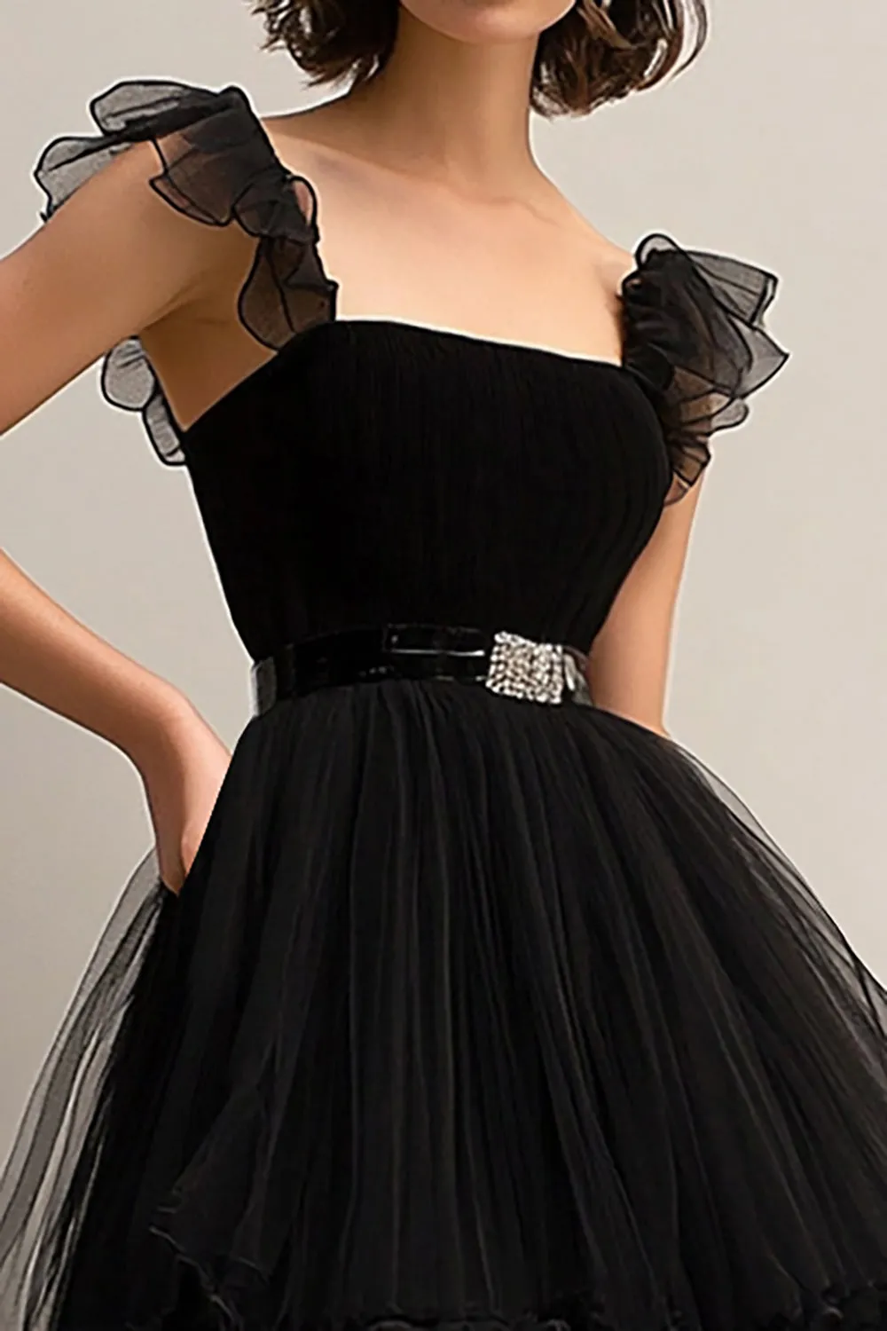 Black A Line Spaghetti Straps Tulle Formal Dress With Belt sold by Zapaka product image thumbnail 4