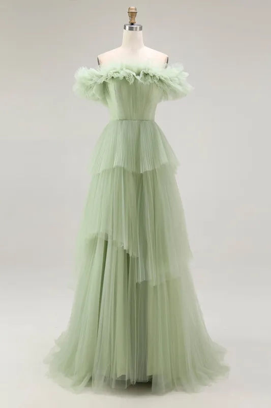 Dusty Sage Off The Shoulder A Line Ruffle Long Prom Dress made by Zapaka