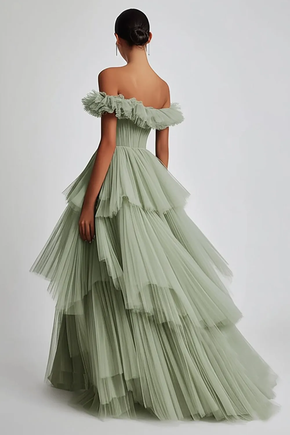 Dusty Sage Off The Shoulder A Line Ruffle Long Prom Dress sold by Zapaka product image thumbnail 4