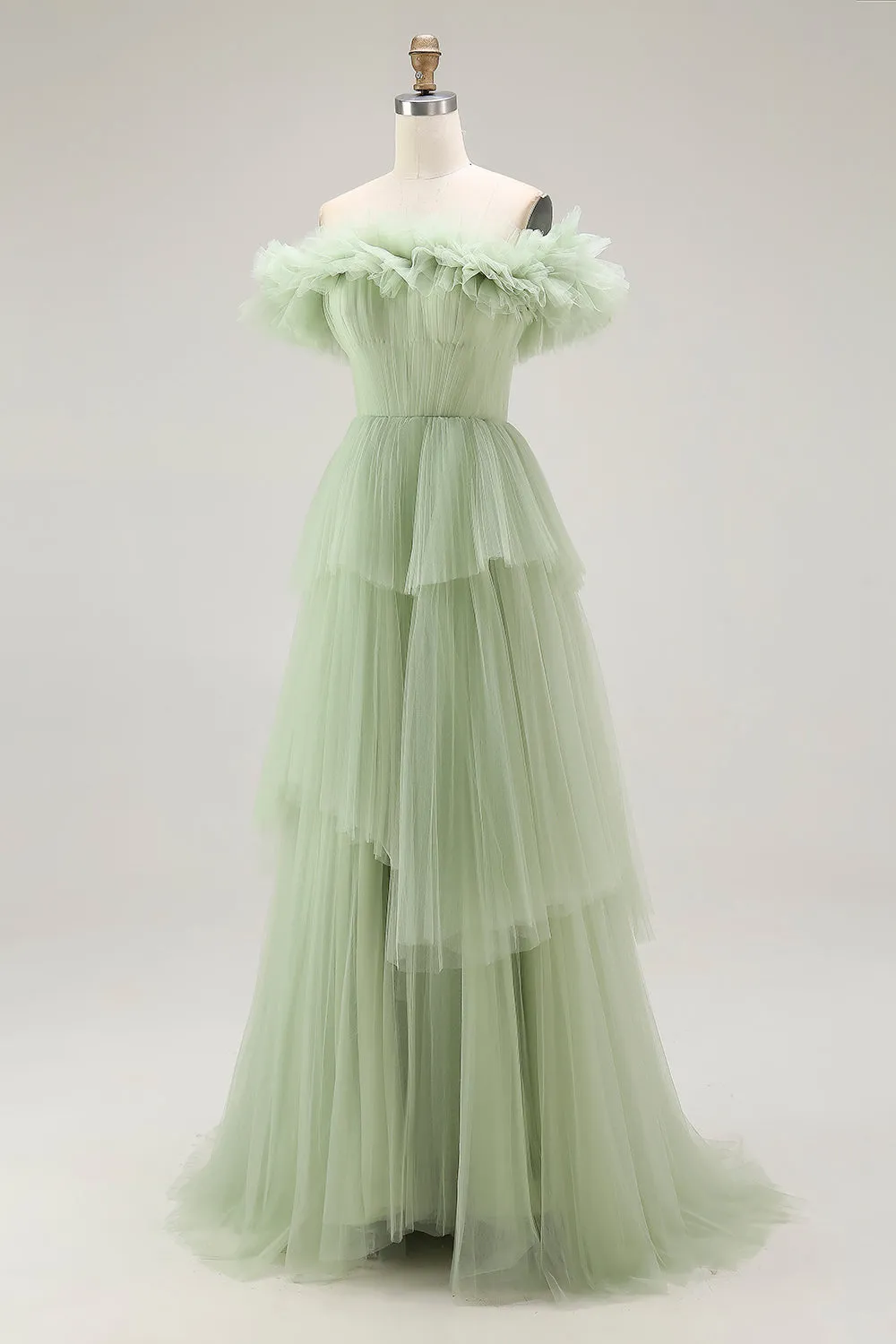 Dusty Sage Off The Shoulder A Line Ruffle Long Prom Dress sold by Zapaka product image thumbnail 5