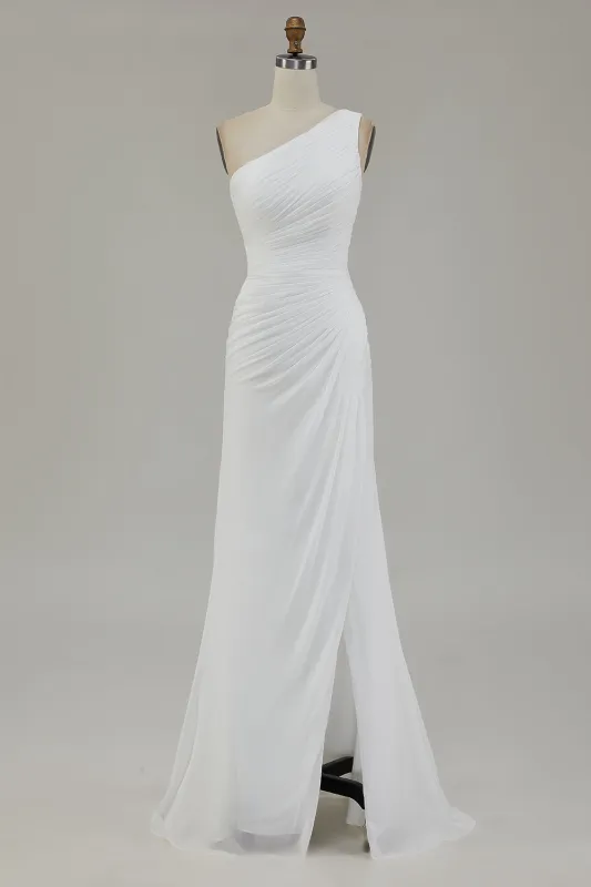 Ivory One Shoulder Long Sheath Beach Engagement Dress with Slit sold by Zapaka