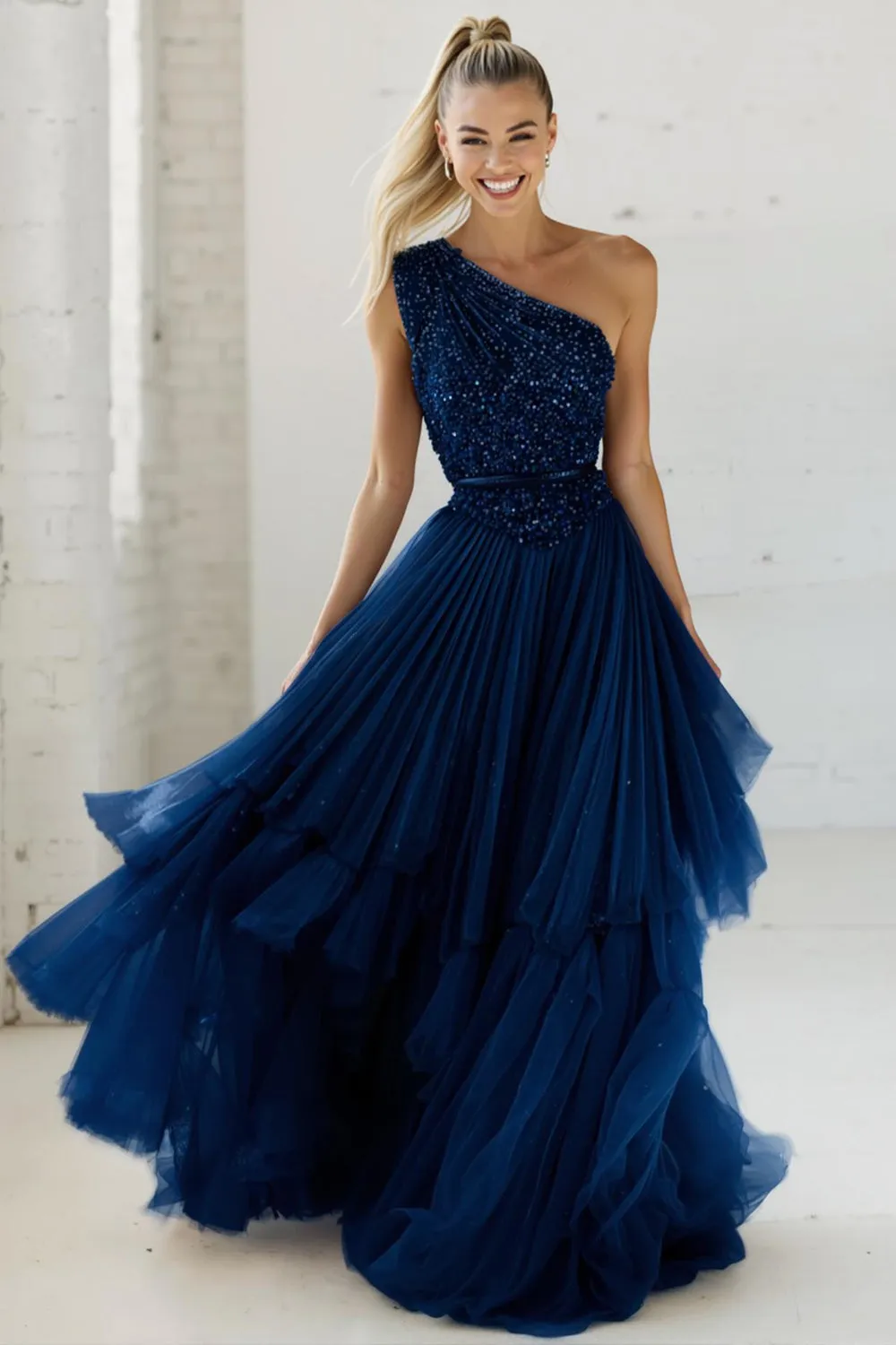 Sparkly Navy One Shoulder Sequins A Line Long Wedding Guest Dress with Ruffles sold by Zapaka