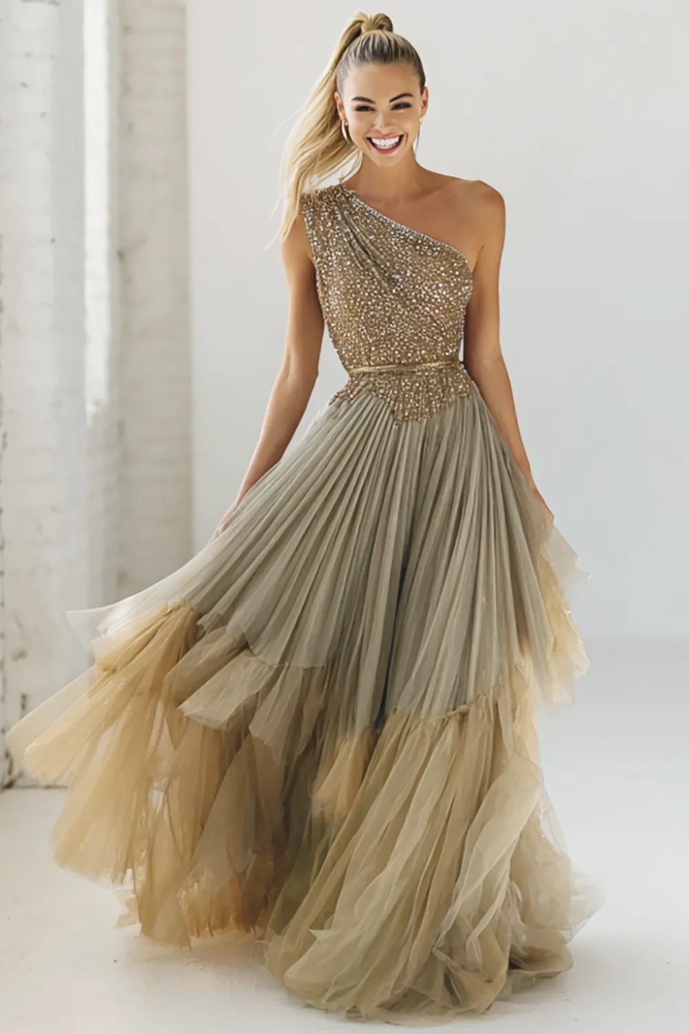 Sparkly Navy One Shoulder Sequins A Line Long Wedding Guest Dress with Ruffles sold by Zapaka product image thumbnail 3