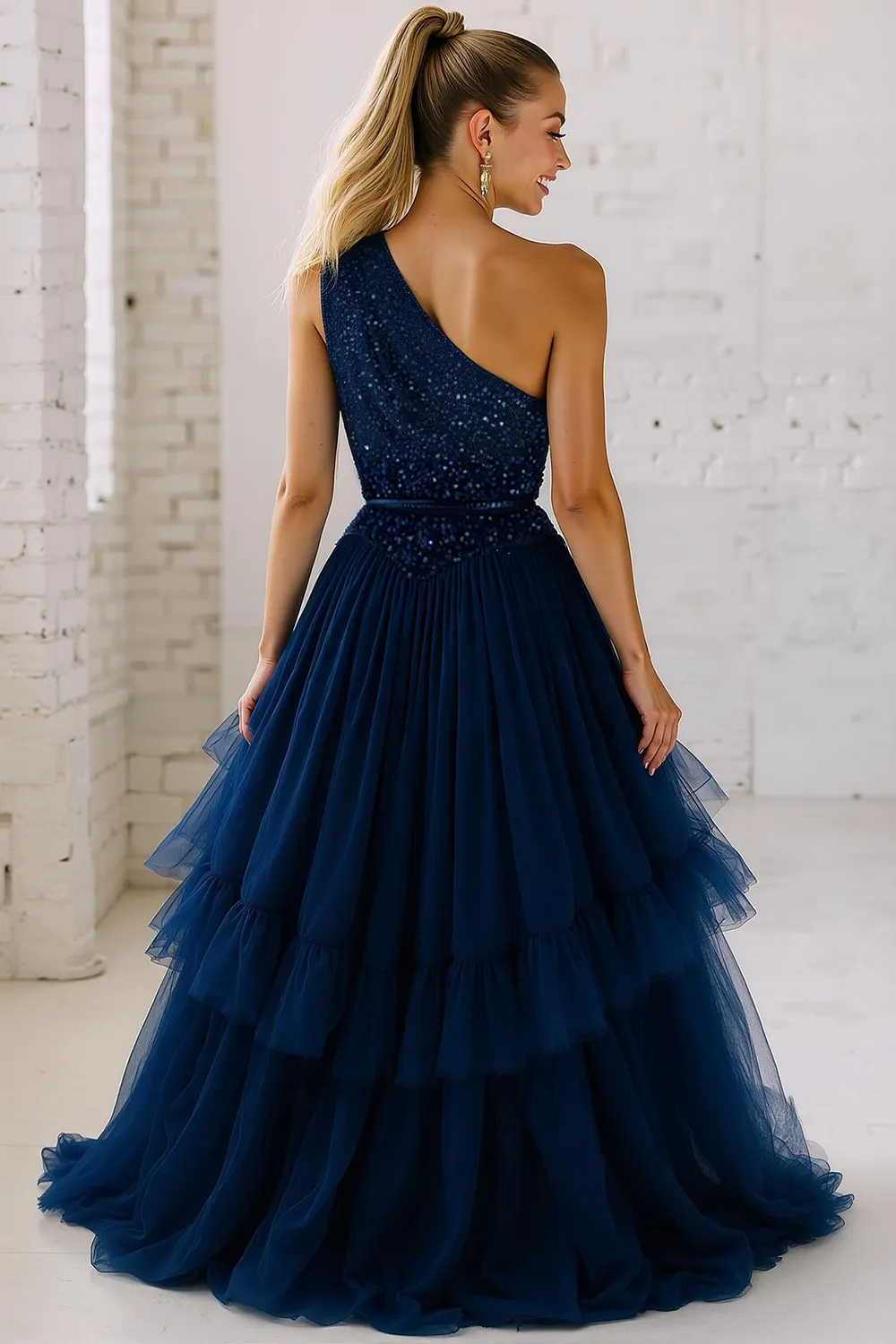 Sparkly Navy One Shoulder Sequins A Line Long Wedding Guest Dress with Ruffles sold by Zapaka product image thumbnail 2