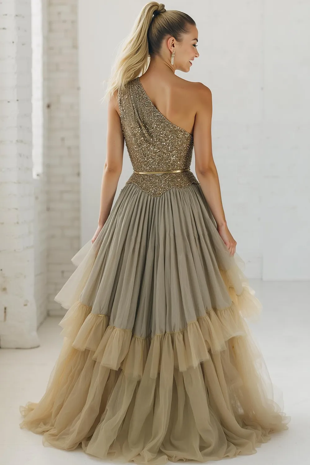 Sparkly Navy One Shoulder Sequins A Line Long Wedding Guest Dress with Ruffles sold by Zapaka product image thumbnail 4