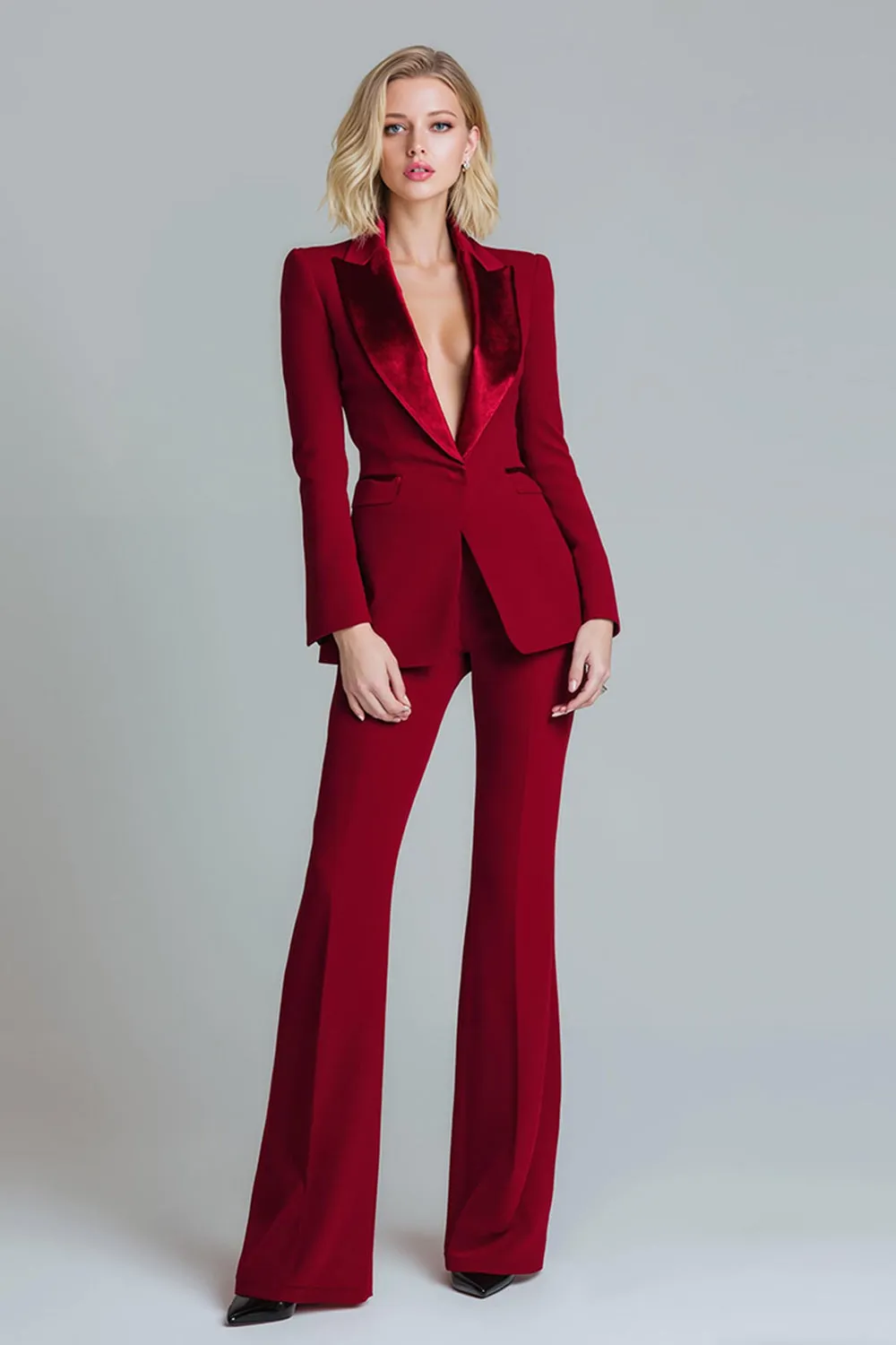 Red 2 Piece Peak Lapel Women Prom Suits with Sleeves sold by Zapaka