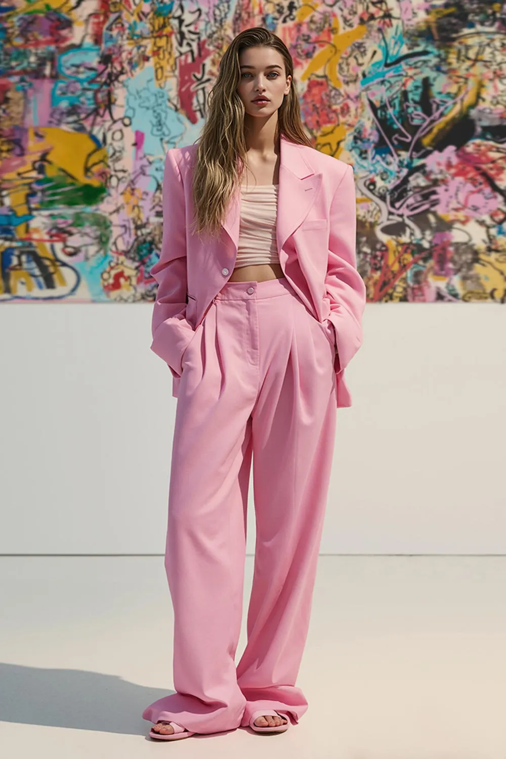 Pink Peak Lapel Satin 2 Piece Women Prom Suits with Pockets sold by Zapaka