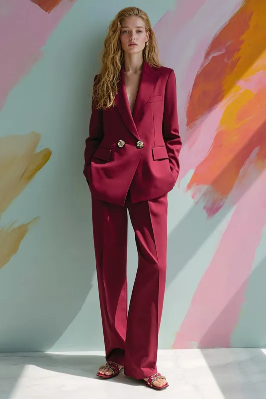Burgundy Peak Lapel 2 Piece Women Prom Suits with Pockets sold by Zapaka