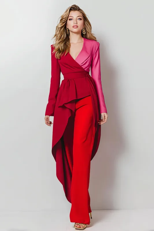 Red 2 Piece Satin Shawl Lapel Women Prom Suits with Sleeves sold by Zapaka