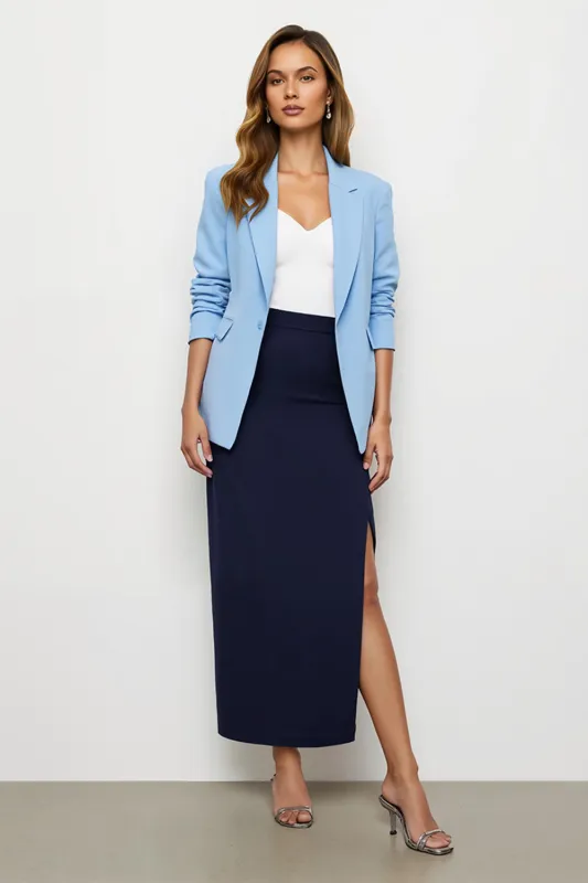 Navy Blue Pencil 2 Piece Notched Lapel Long Business Suits with Slit sold by Zapaka