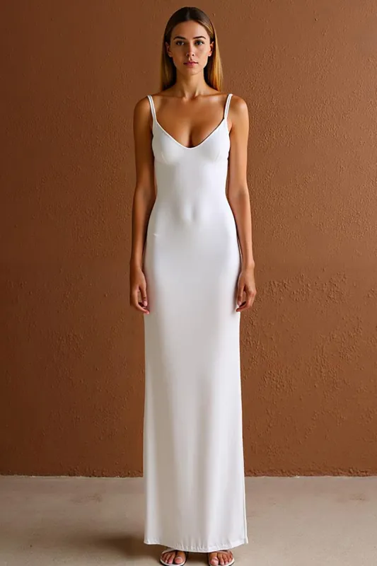 Simple Spaghetti Straps Sheath Satin Ivory Formal Dress sold by Zapaka