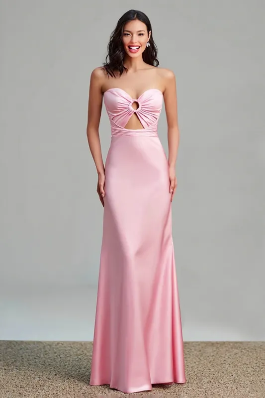 Pink Satin Cut Out Sheath Strapless Long Formal Dress sold by Zapaka