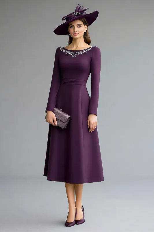 Dark Purple Boat Neck A Line Midi Work Dress with Beading sold by Zapaka