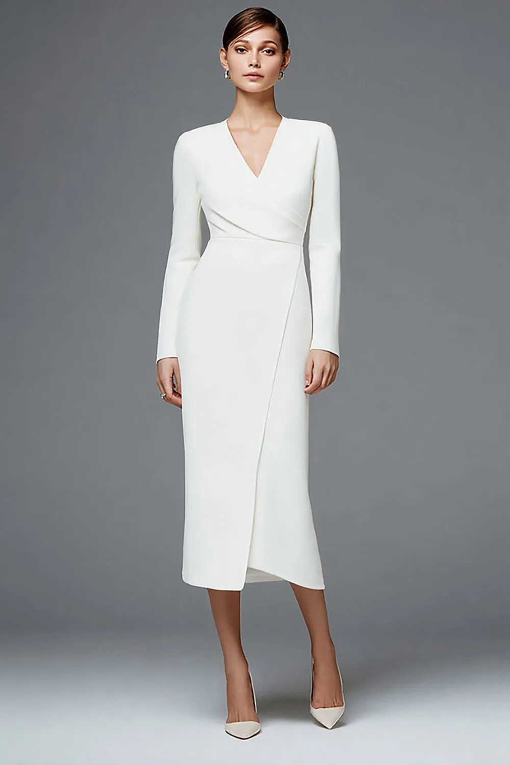 Ivory Sheath V-Neck Maxi Work Dress with Sleeves sold by Zapaka