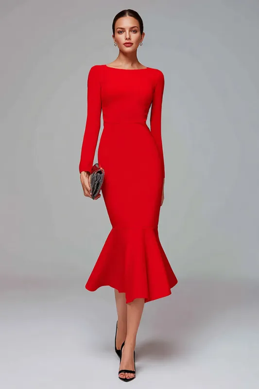 Red Mermaid Boat Neck Midi Dress with Ruffles sold by Zapaka