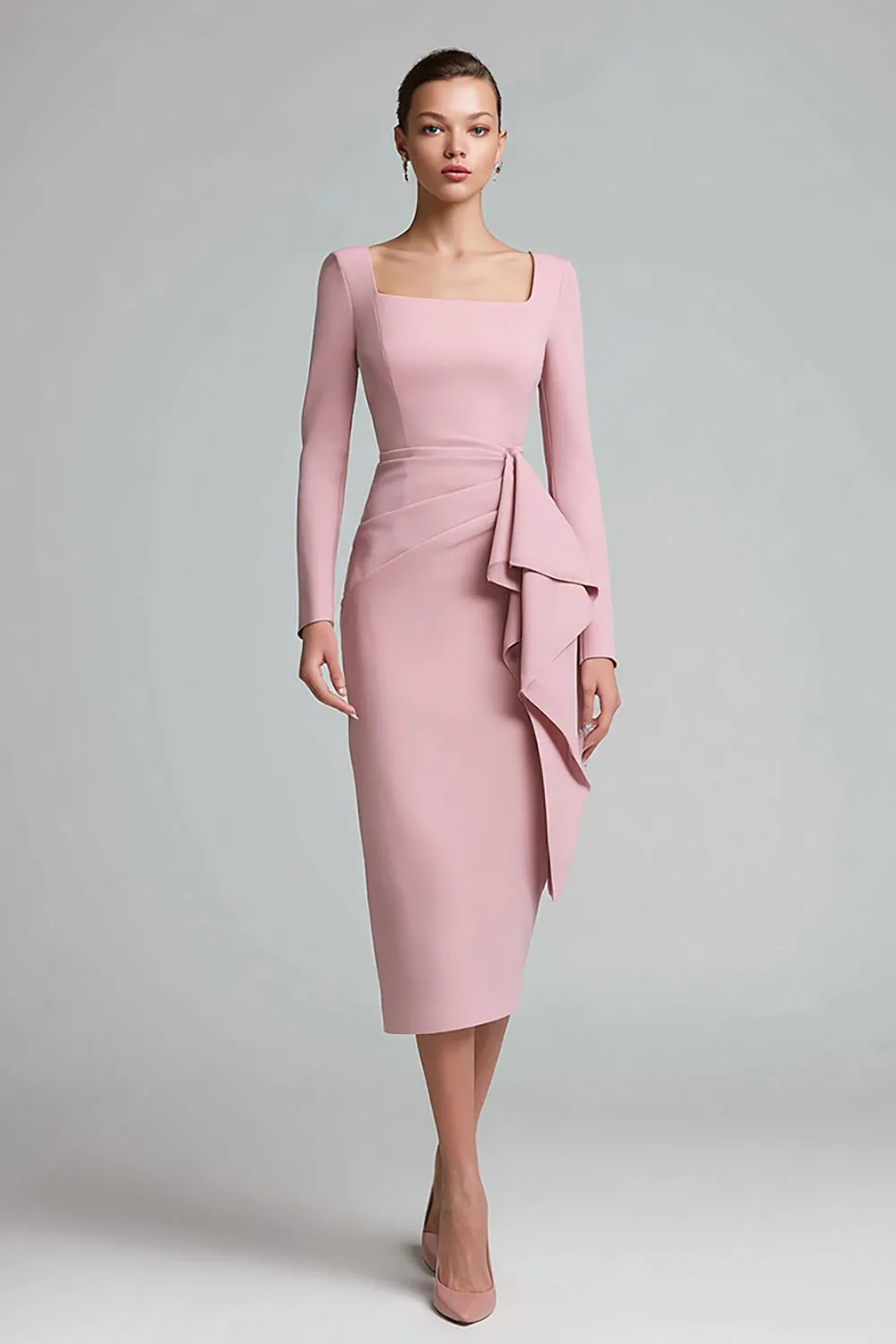 Pink Sheath Ruched Square Neck Midi Work Dress with Drape sold by Zapaka