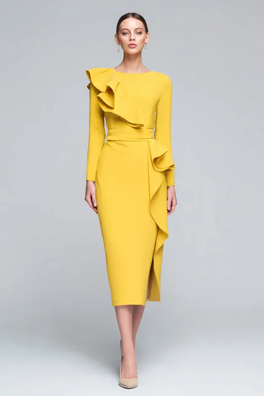 Yellow Sheath Round Neck Midi Work Dress with Ruffles sold by Zapaka