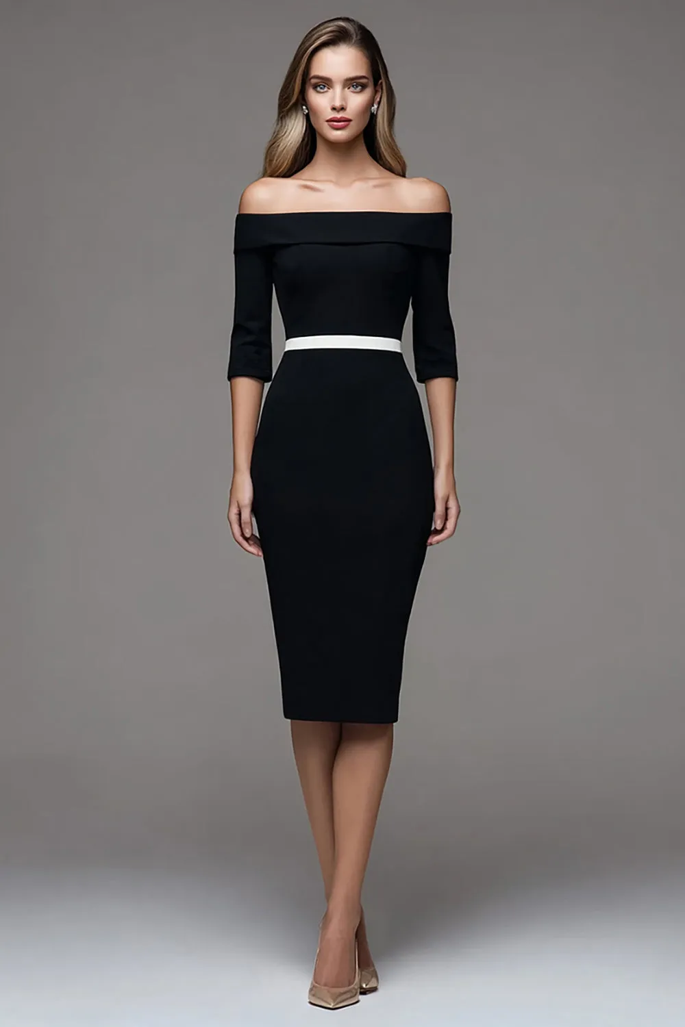 Black Sheath Midi Off The Shoulder Work Dress with Sleeves sold by Zapaka