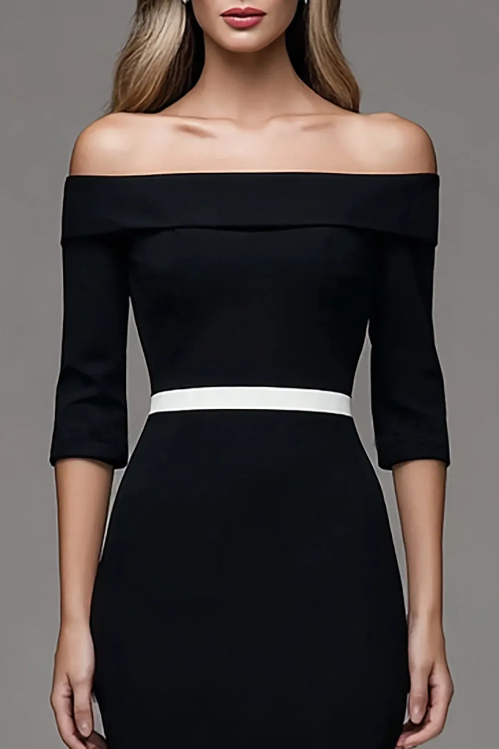 Black Sheath Midi Off The Shoulder Work Dress with Sleeves sold by Zapaka product image thumbnail 2