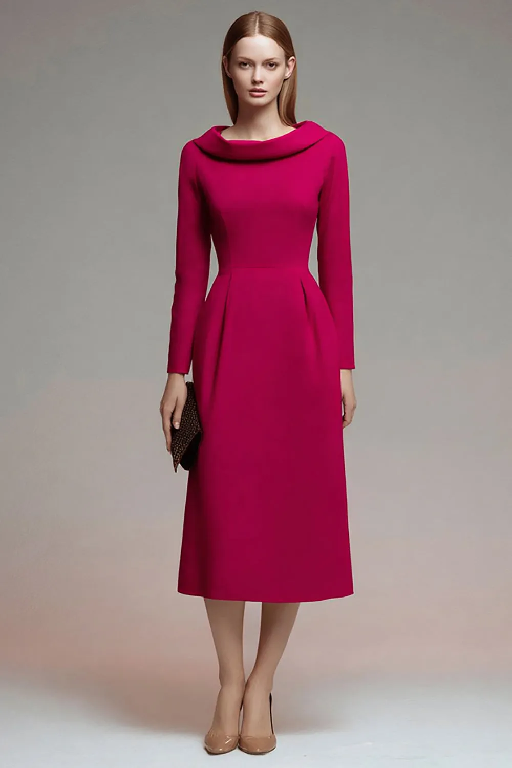 Fuchsia Roll Collar Neck Midi Work Dress sold by Zapaka