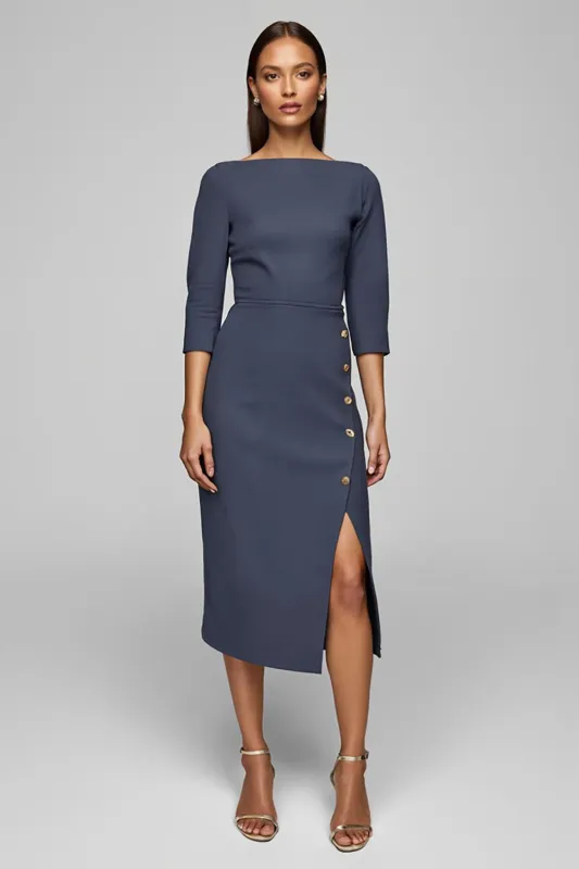 Twilight Sheath Bateau Neck Midi Work Dress with Slit sold by Zapaka