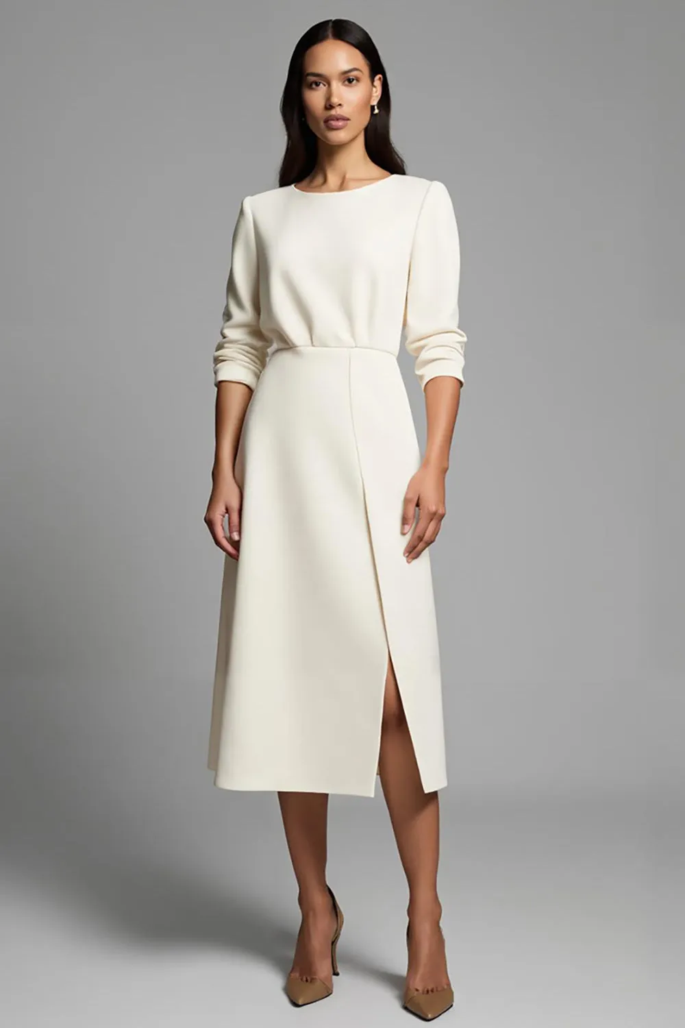 Ivory Round Neck A Line Midi Work Dress with Slit sold by Zapaka