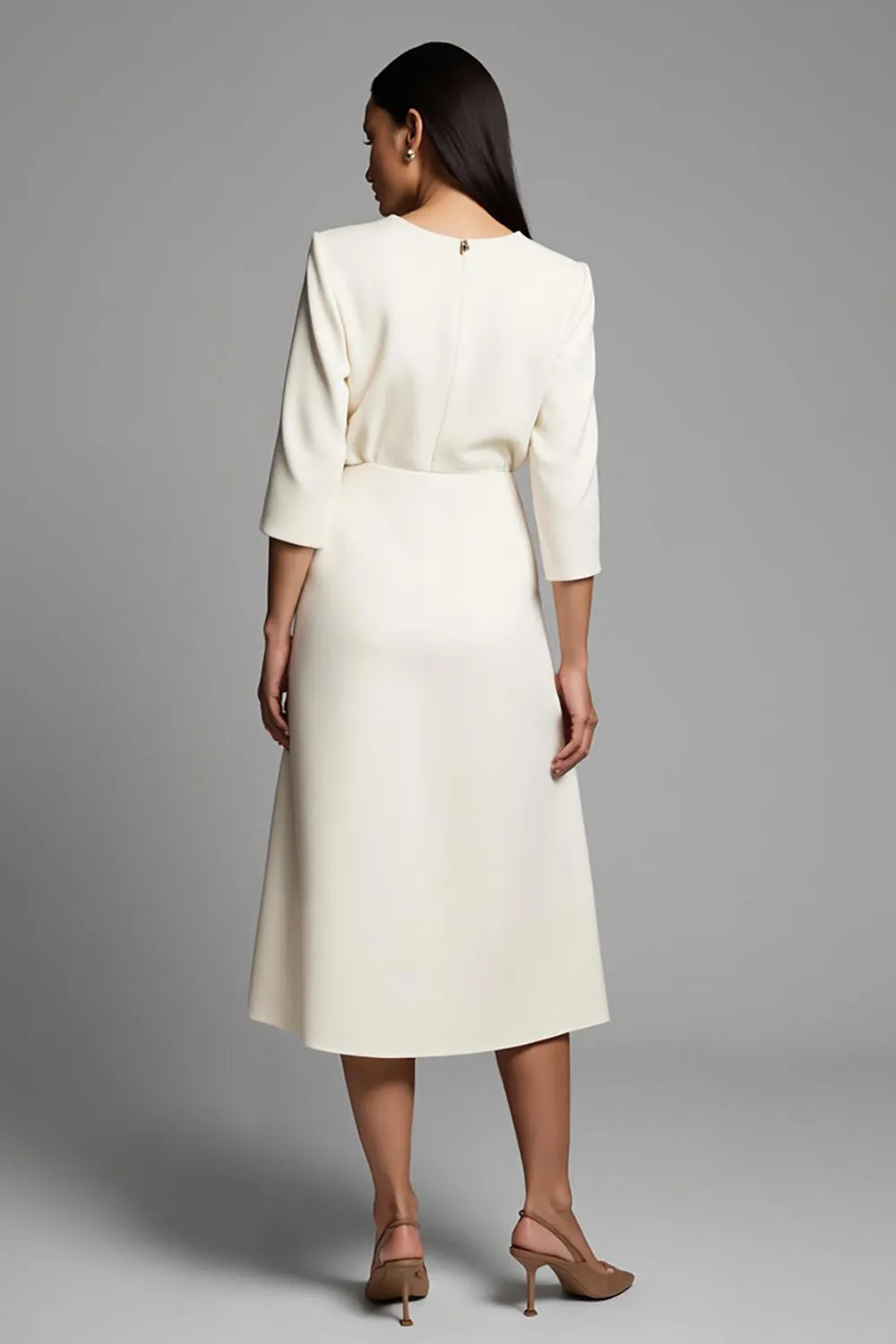 Ivory Round Neck A Line Midi Work Dress with Slit sold by Zapaka product image thumbnail 2