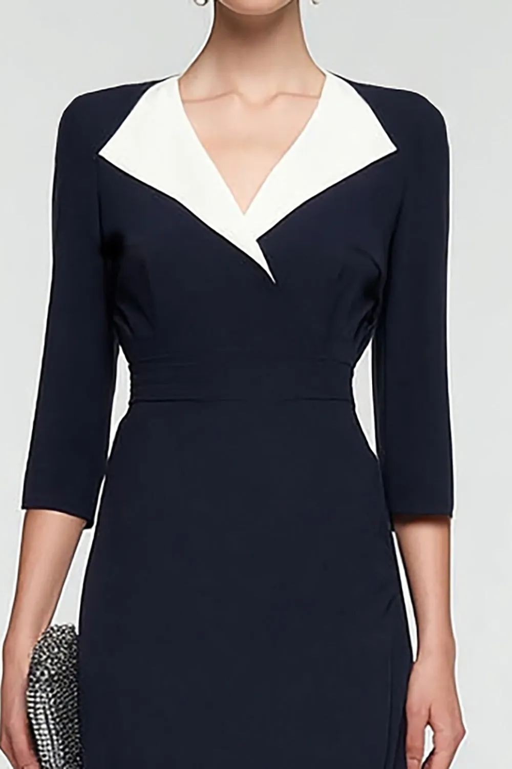 Black and White A Line V-Neck Midi Work Dress with Sleeves sold by Zapaka product image thumbnail 2
