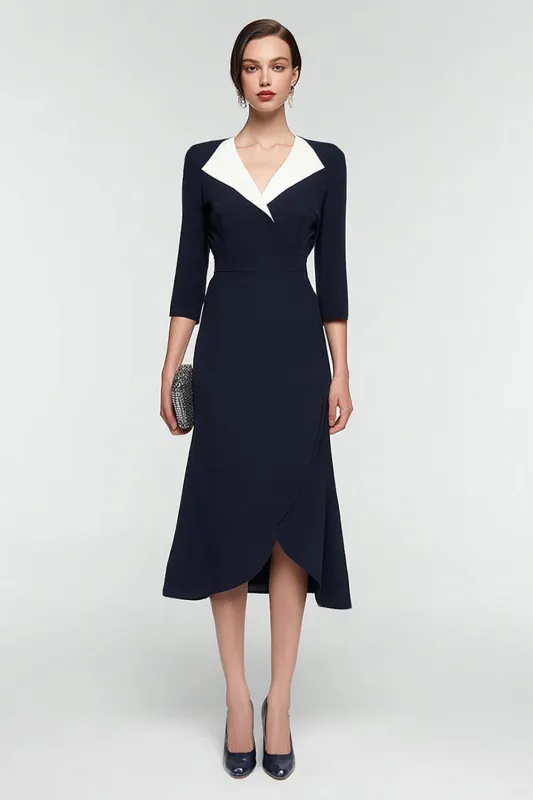 Black and White A Line V-Neck Midi Work Dress with Sleeves sold by Zapaka
