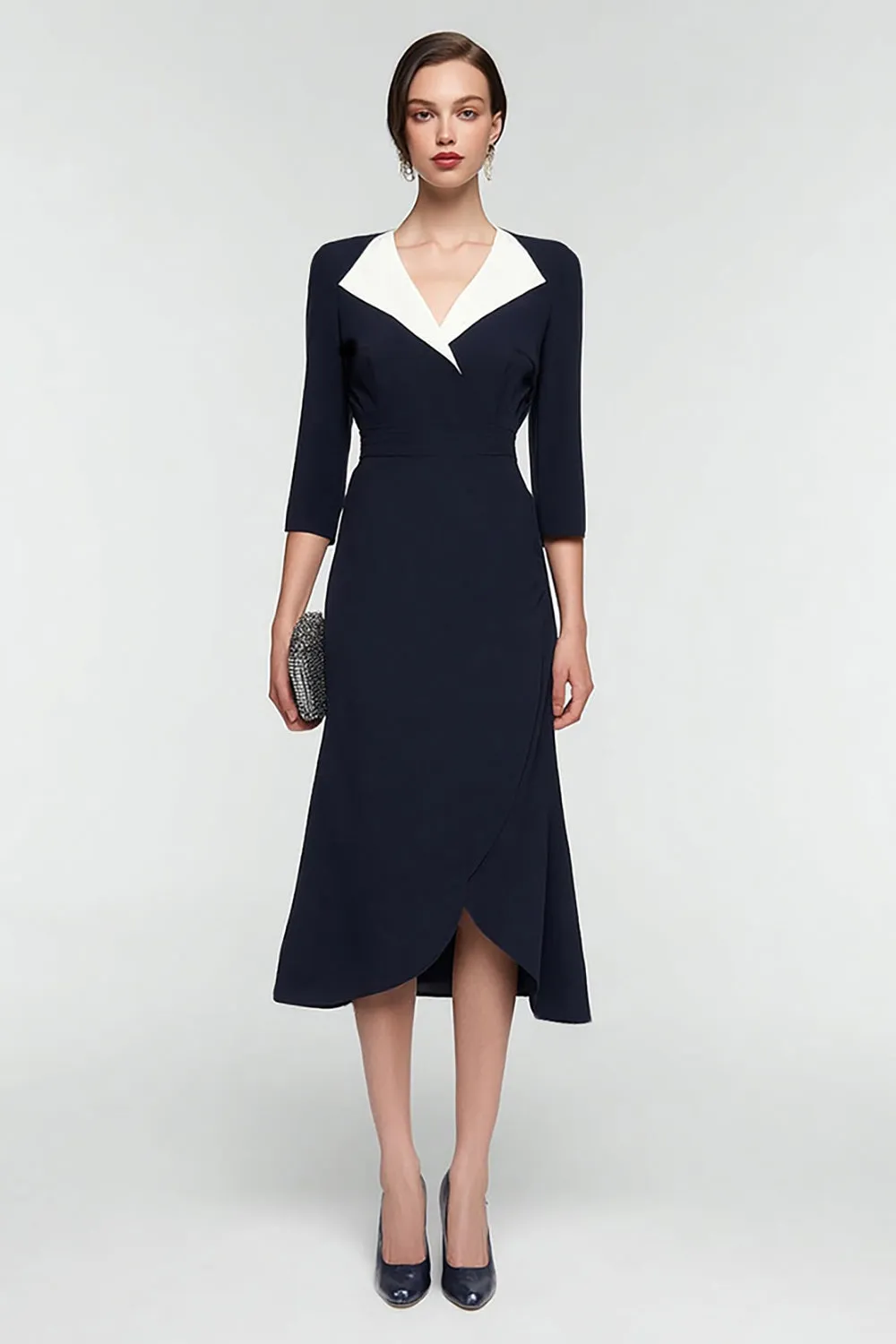 Black and White A Line V-Neck Midi Work Dress with Sleeves sold by Zapaka