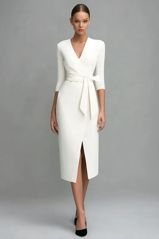 Ivory Sheath V-Neck Midi Work Dress with Sash sold by Zapaka
