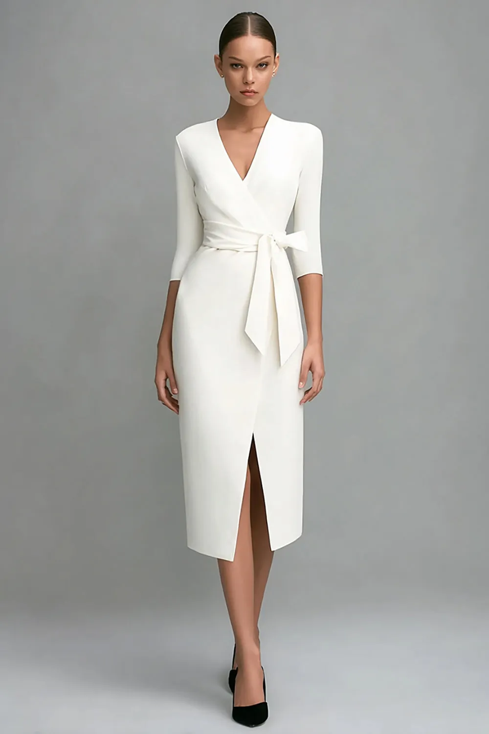 Ivory Sheath V-Neck Midi Work Dress with Sash sold by Zapaka
