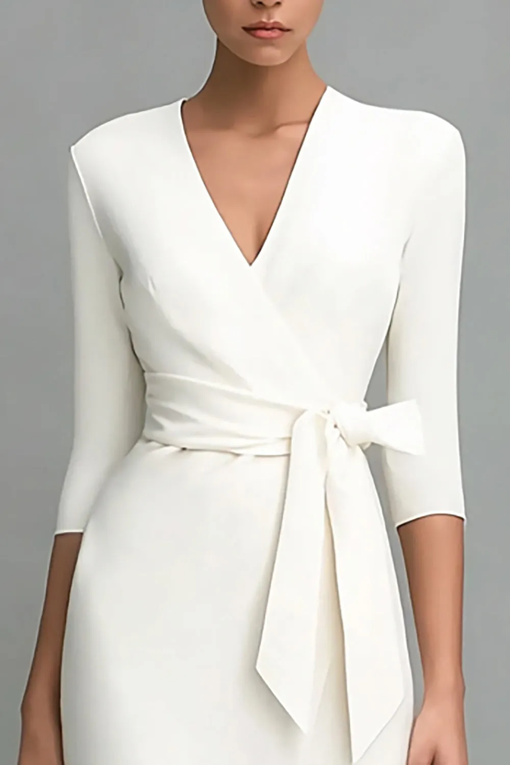 Ivory Sheath V-Neck Midi Work Dress with Sash sold by Zapaka product image thumbnail 2