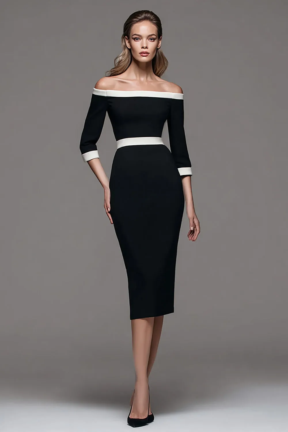 Black and White Sheath Off The Shoulder Midi Work Dress sold by Zapaka