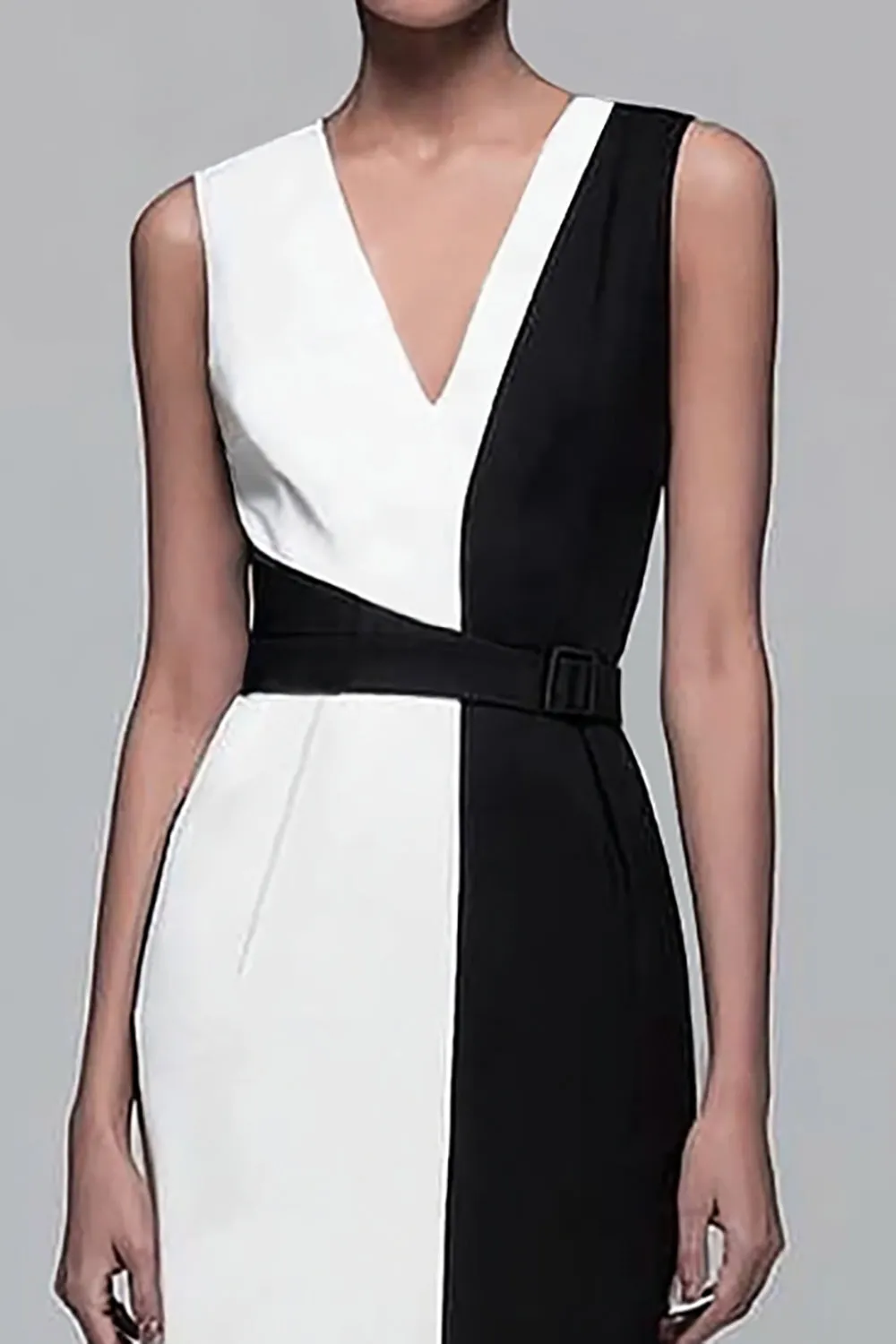 Black and White Patchwork Sheath V-Neck Long Work Dress sold by Zapaka product image thumbnail 2