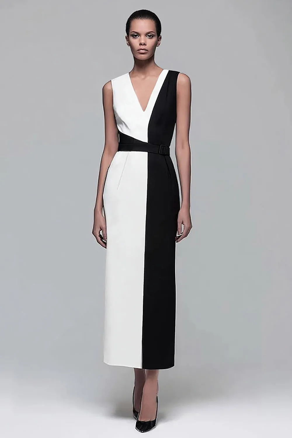 Black and White Patchwork Sheath V-Neck Long Work Dress sold by Zapaka